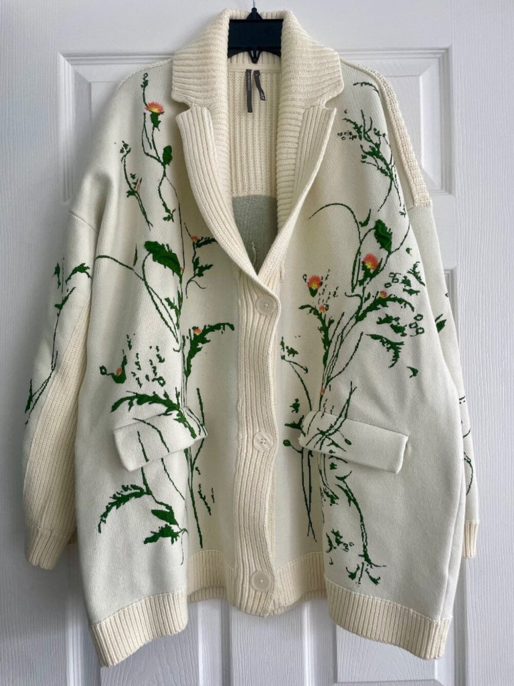 Anthropologie Floral Botanical Oversized Cardigan Sweater Cream Green Size Small